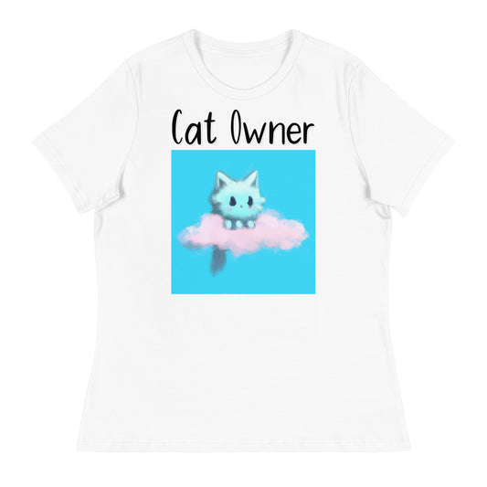 Women's White T-Shirt with Kitten Sitting On a Cloud with a text "Cat Owner" at $25.97 found at Personalizedpetlovergifts