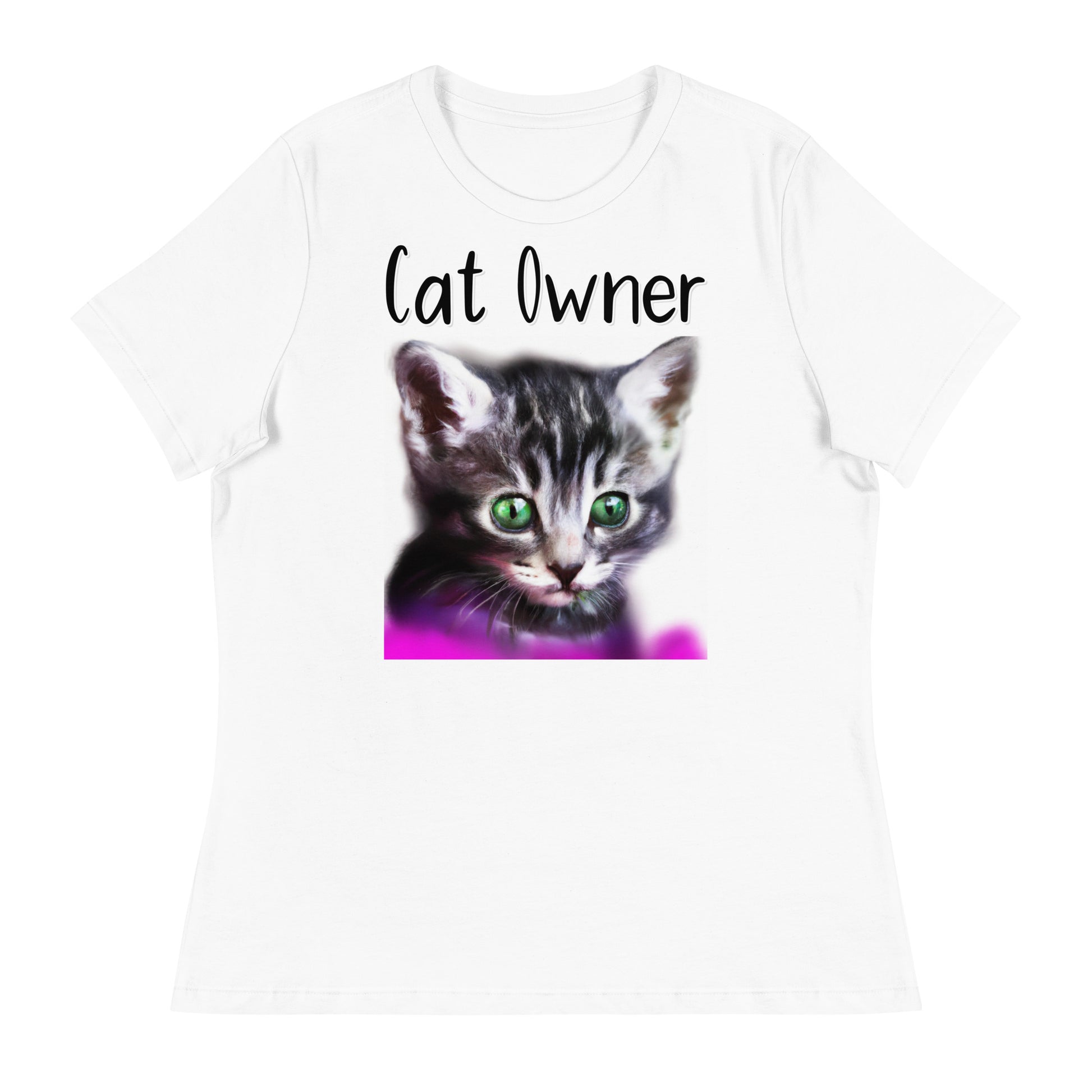 Women's White T-Shirt with Kitten Portrait With Green Eyes with a text "Cat Owner" at $25.97 found at Personalizedpetlovergifts