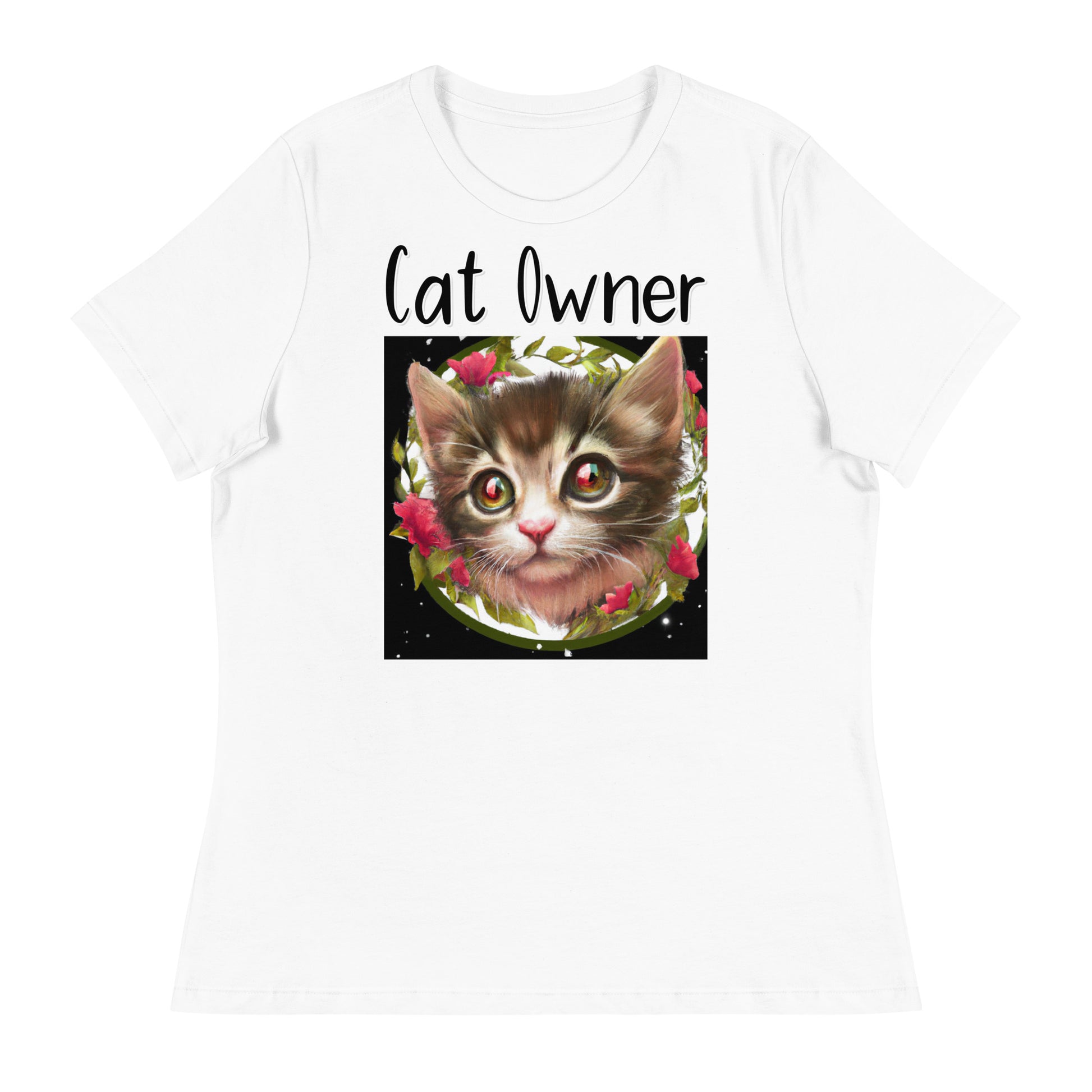 Women's White T-Shirt with Kitten Portrait With Flowers with a text "Cat Owner" at $25.97 found at Personalizedpetlovergifts