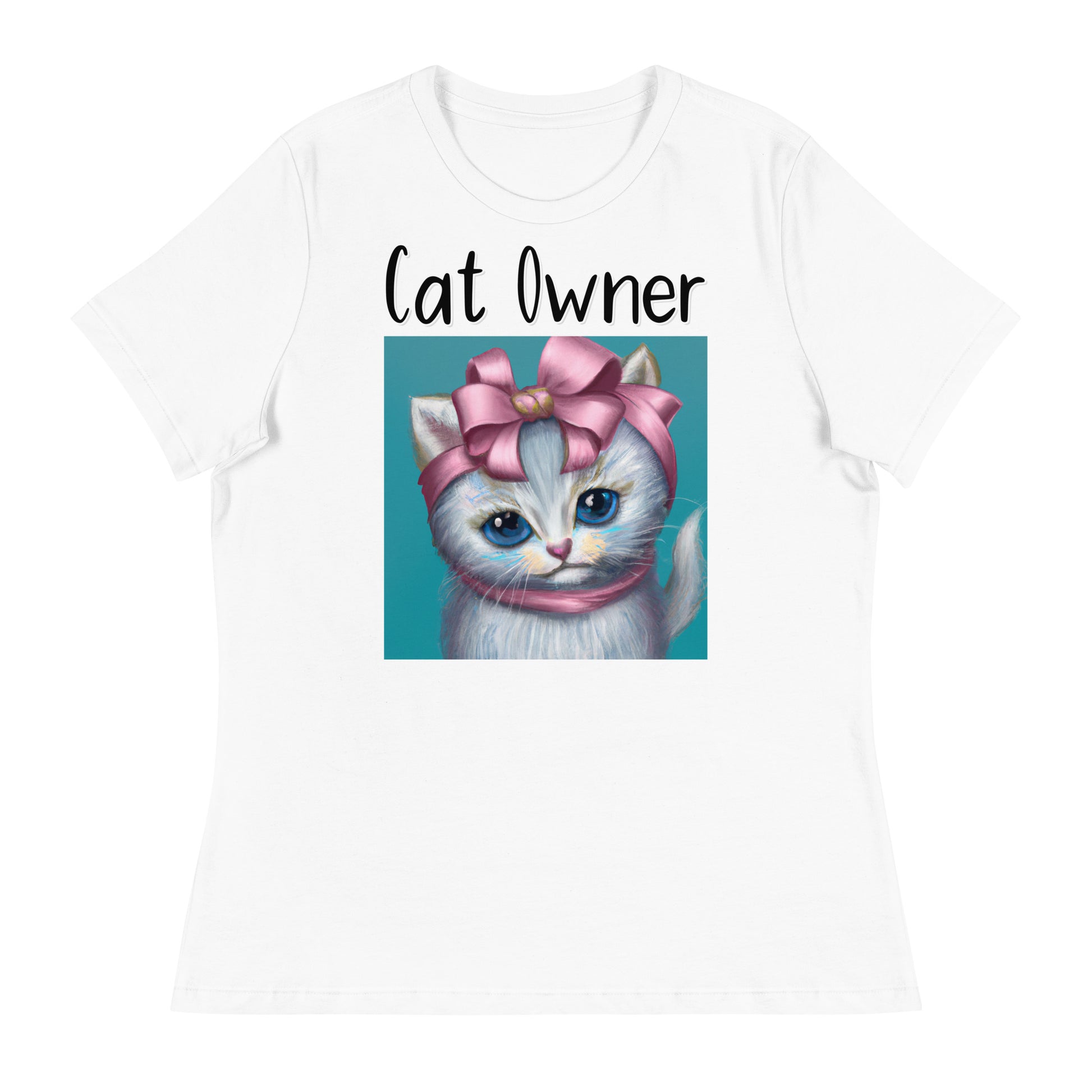 Women's White T-Shirt with Kitten Portrait With a Pink Bow with a text "Cat Owner" at $25.97 found at Personalizedpetlovergifts