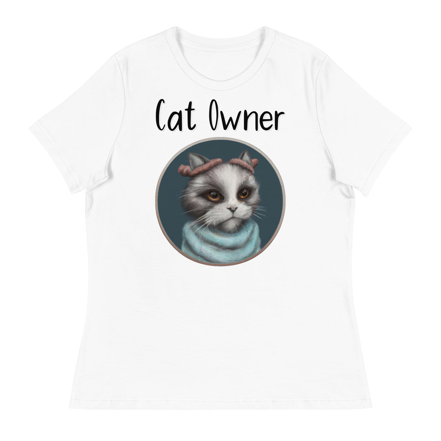 Women's White T-Shirt with Kitten Portrait With a Fluffy Headband with a text "Cat Owner" at $25.97 found at Personalizedpetlovergifts