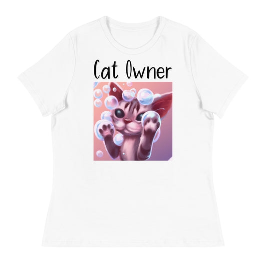 Women's White T-Shirt with Kitten Playing With Soap Bubbles with a text "Cat Owner" at $25.97 found at Personalizedpetlovergifts