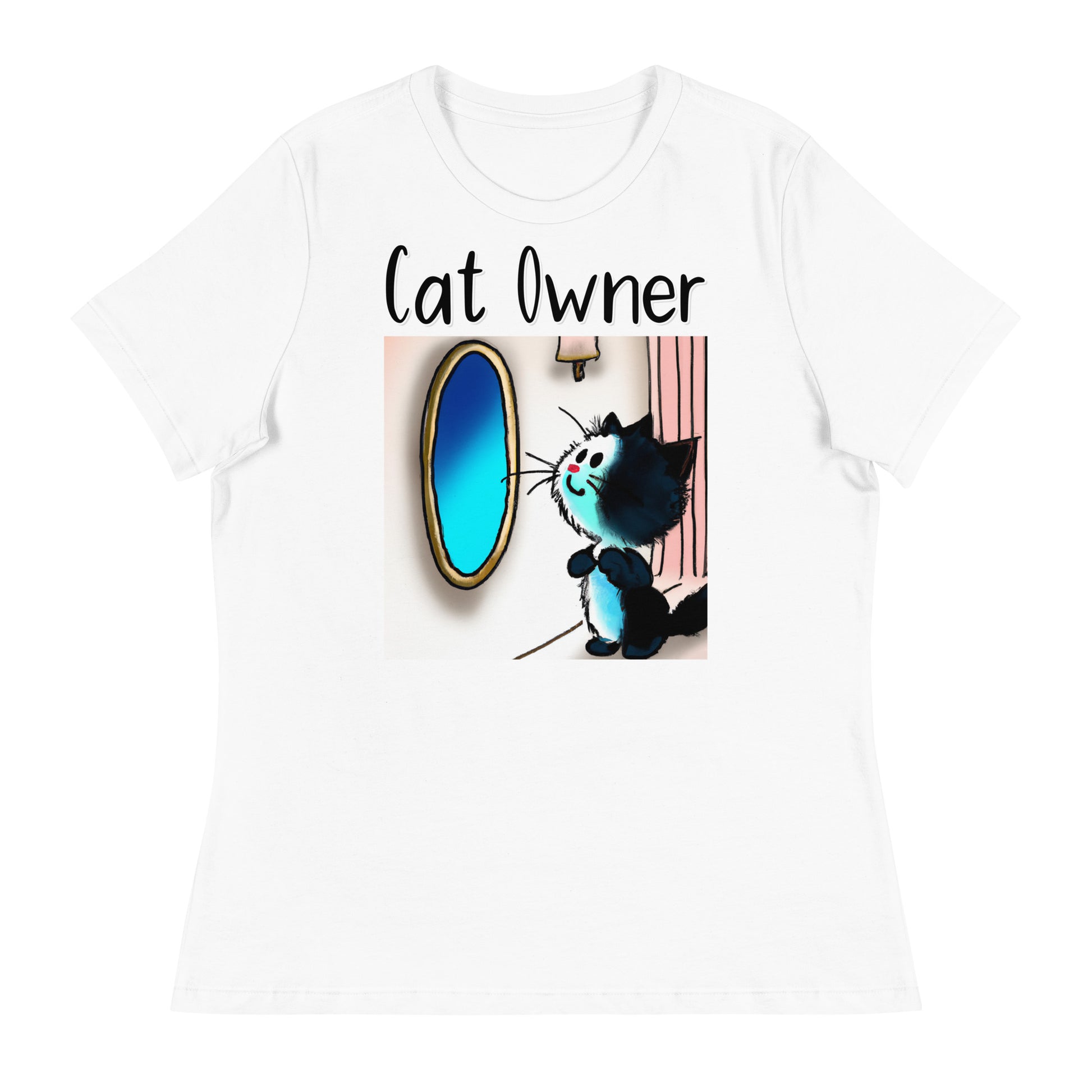 Women's White T-Shirt with Kitten Looking In The Mirror with a text "Cat Owner" at $25.97 found at Personalizedpetlovergifts