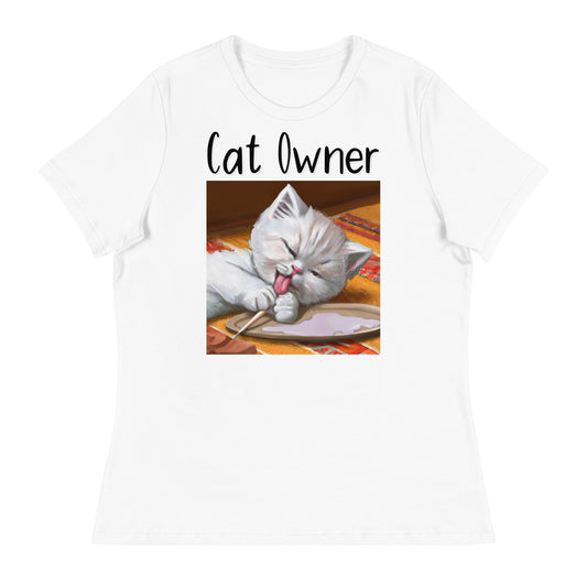 Women's White T-Shirt with Kitten Licking Its Paws with a text "Cat Owner" at $25.97 found at Personalizedpetlovergifts