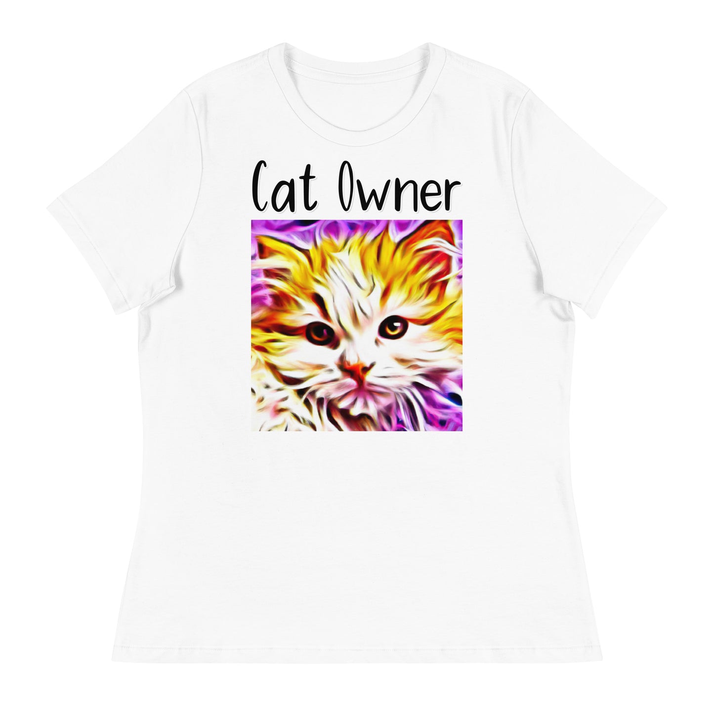 Women's White T-Shirt with Kitten In Trippy Colors with a text "Cat Owner" at $25.97 found at Personalizedpetlovergifts