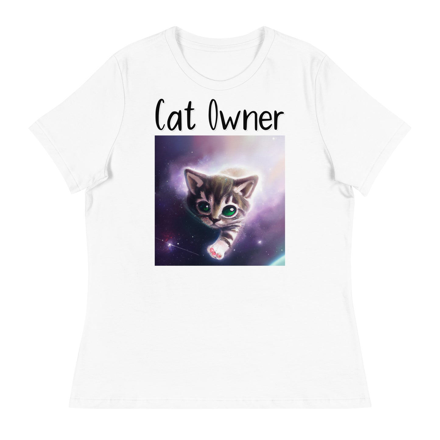 Women's White T-Shirt with Kitten In The Space with a text "Cat Owner" at $25.97 found at Personalizedpetlovergifts