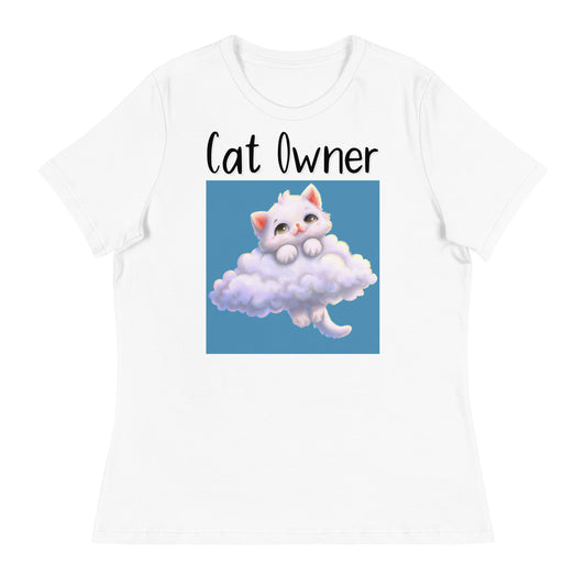 Women's White T-Shirt with KItten In Clouds with a text "Cat Owner" at $25.97 found at Personalizedpetlovergifts