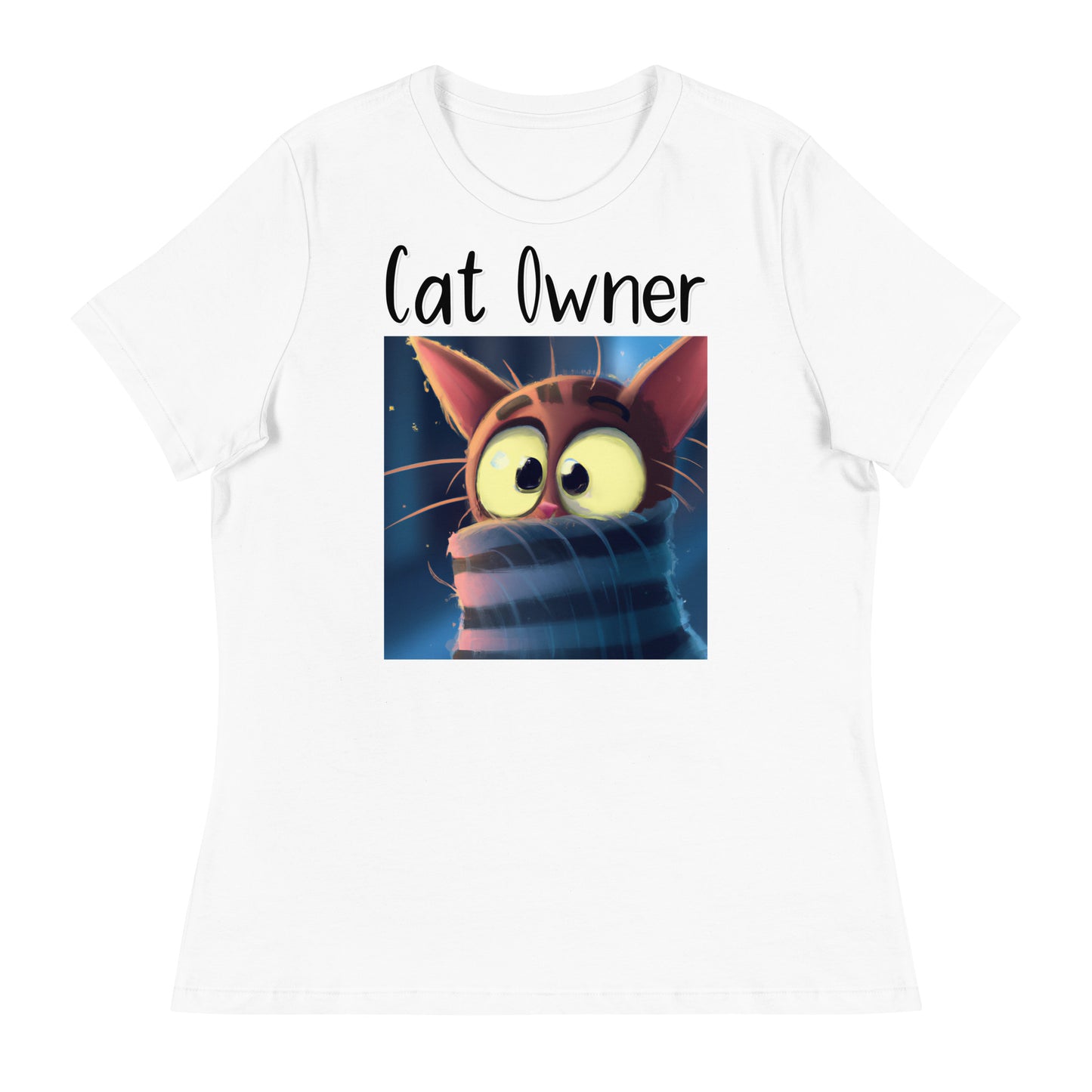 Women's White T-Shirt with Kitten In A Turtleneck with a text "Cat Owner" at $25.97 found at Personalizedpetlovergifts