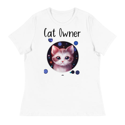 Women's White T-Shirt with Kitten In a Galaxy Circle with a text "Cat Owner" at $25.97 found at Personalizedpetlovergifts