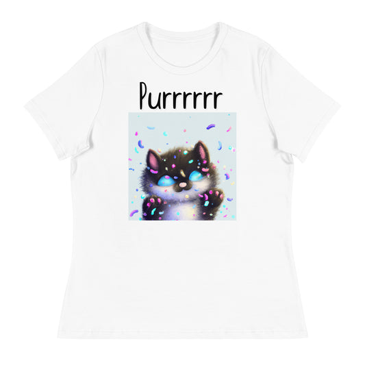 Women's White T-Shirt with Kitten With Confetti with a text "Purrrrrr" at $25.97 found at Personalizedpetlovergifts