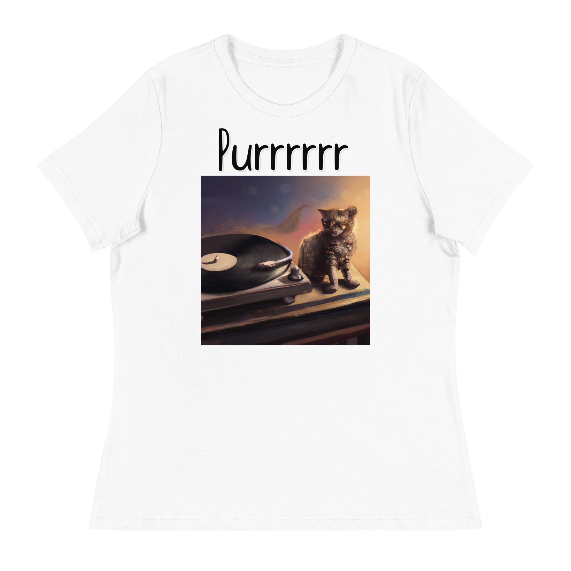 Women's White T-Shirt with Kitten With a Vinyl Player with a text "Purrrrrr" at $25.97 found at Personalizedpetlovergifts