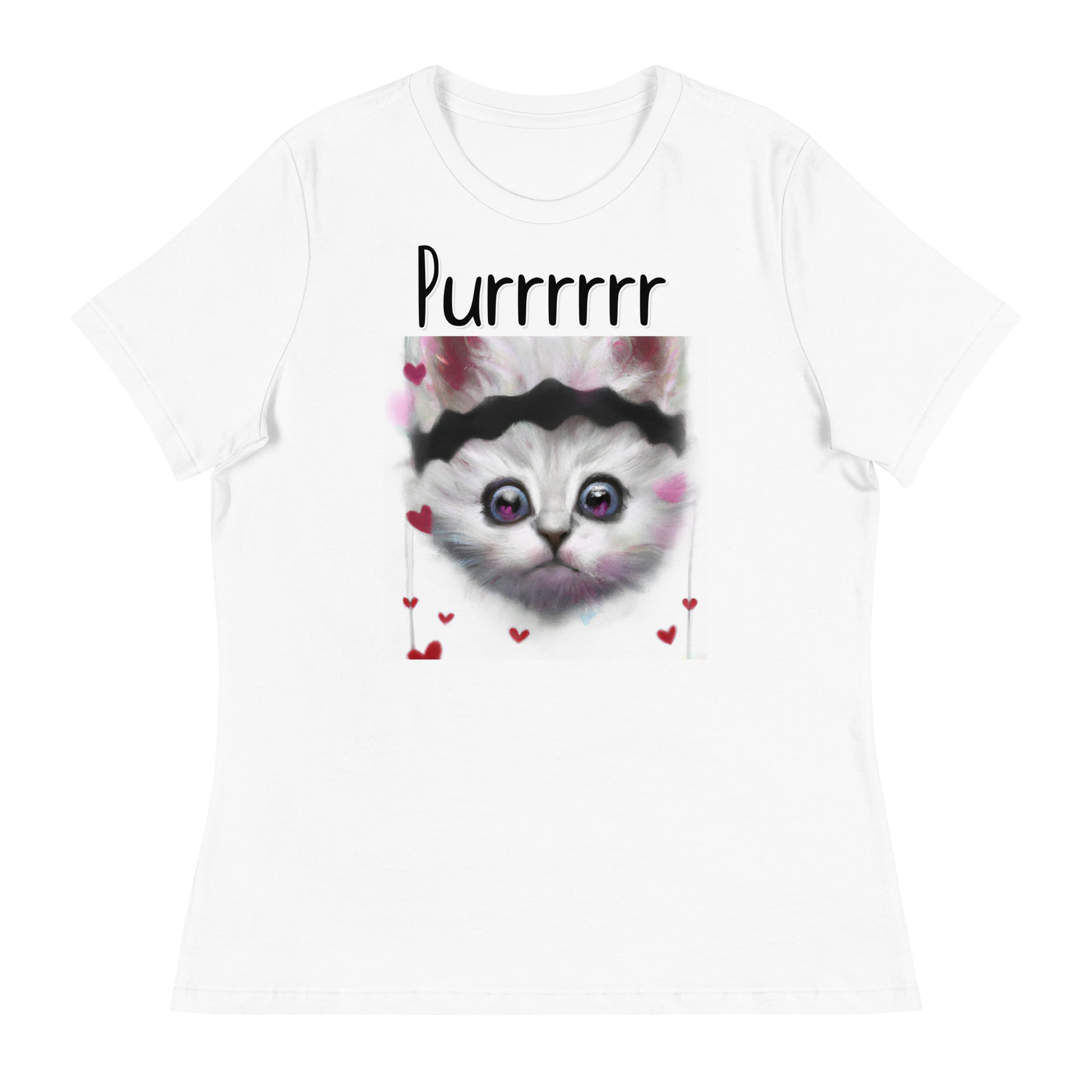 Women's White T-Shirt with Kitten With a headband with a text "Purrrrrr" at $25.97 found at Personalizedpetlovergifts