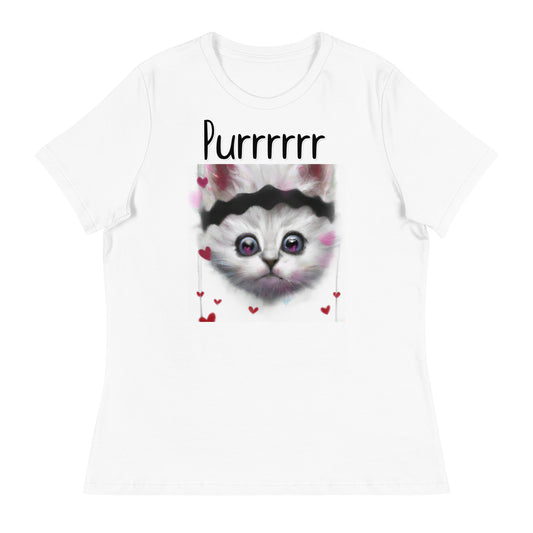 Women's White T-Shirt with Kitten With a headband with a text "Purrrrrr" at $25.97 found at Personalizedpetlovergifts