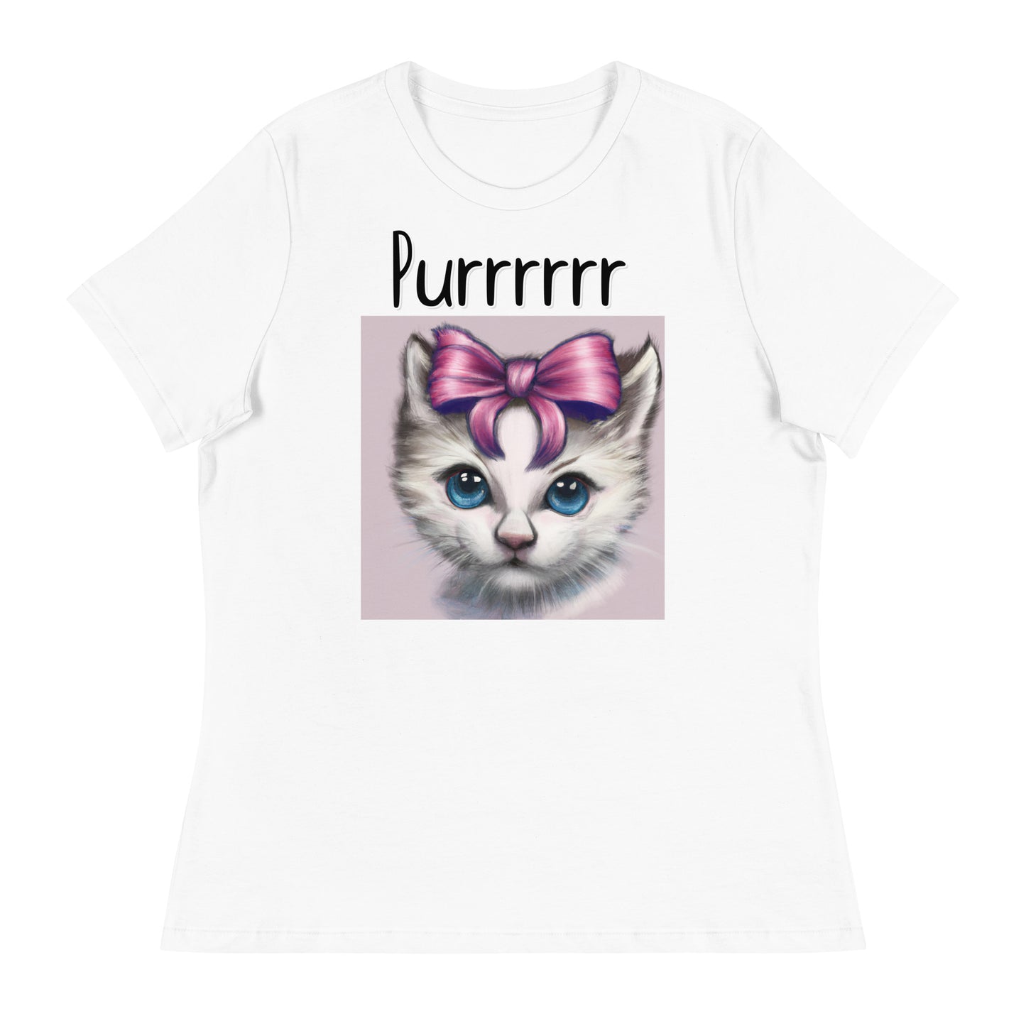 Women's White T-Shirt with Kitten With a Bow with a text "Purrrrrr" at $25.97 found at Personalizedpetlovergifts