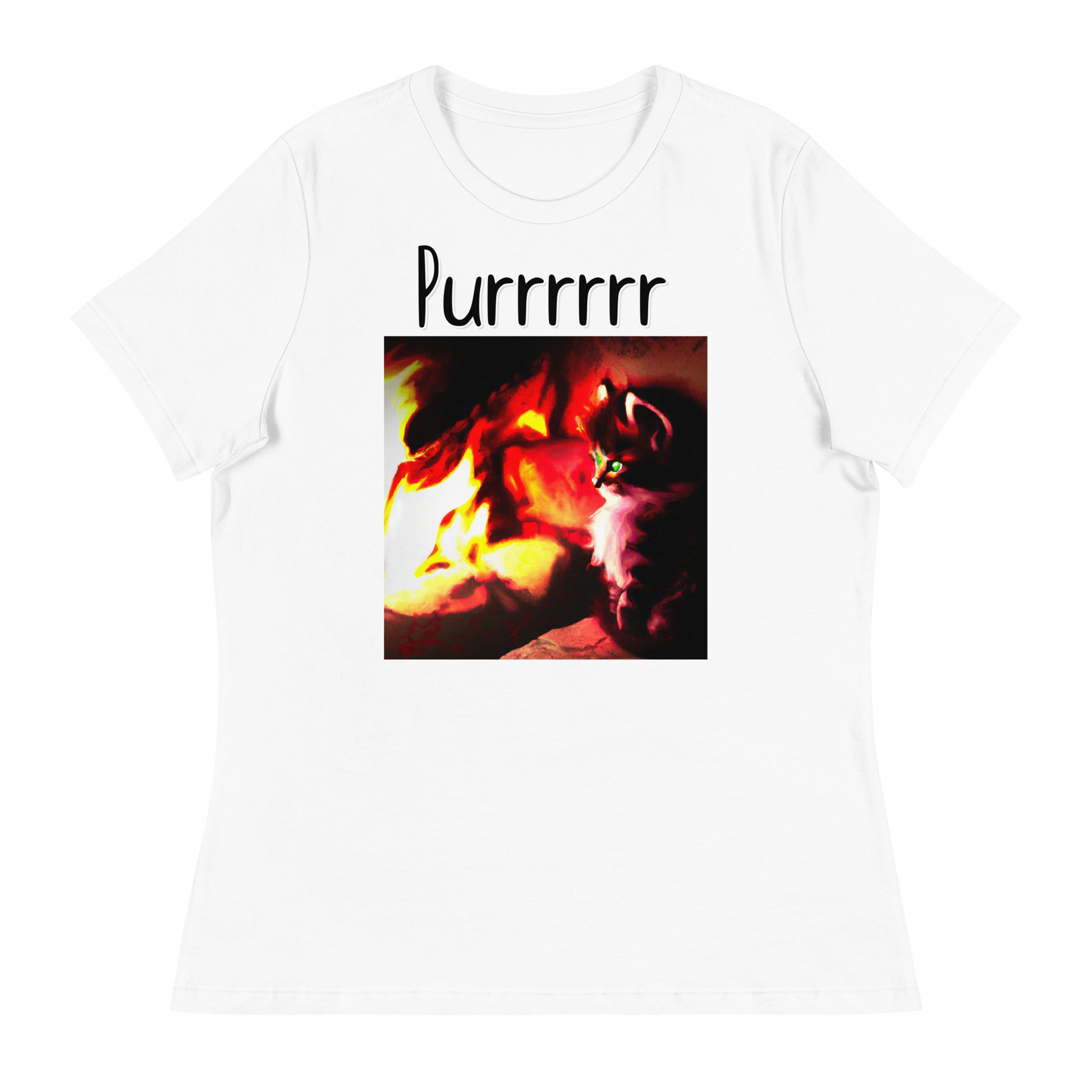 Women's White T-Shirt with Kitten Warming Up Near The Fire with a text "Purrrrrr" at $25.97 found at Personalizedpetlovergifts