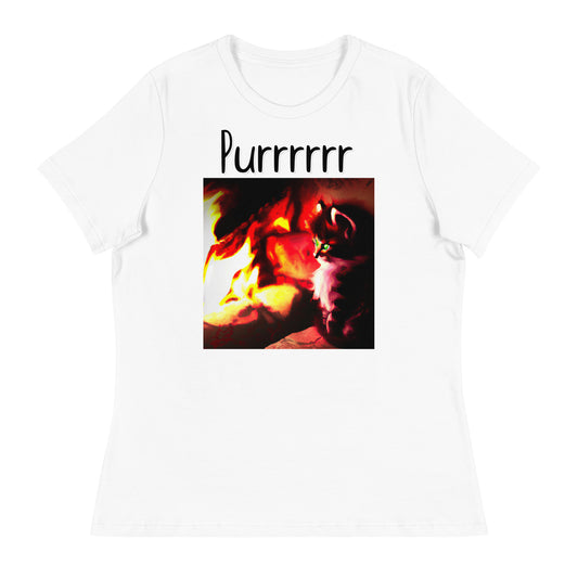 Women's White T-Shirt with Kitten Warming Up Near The Fire with a text "Purrrrrr" at $25.97 found at Personalizedpetlovergifts