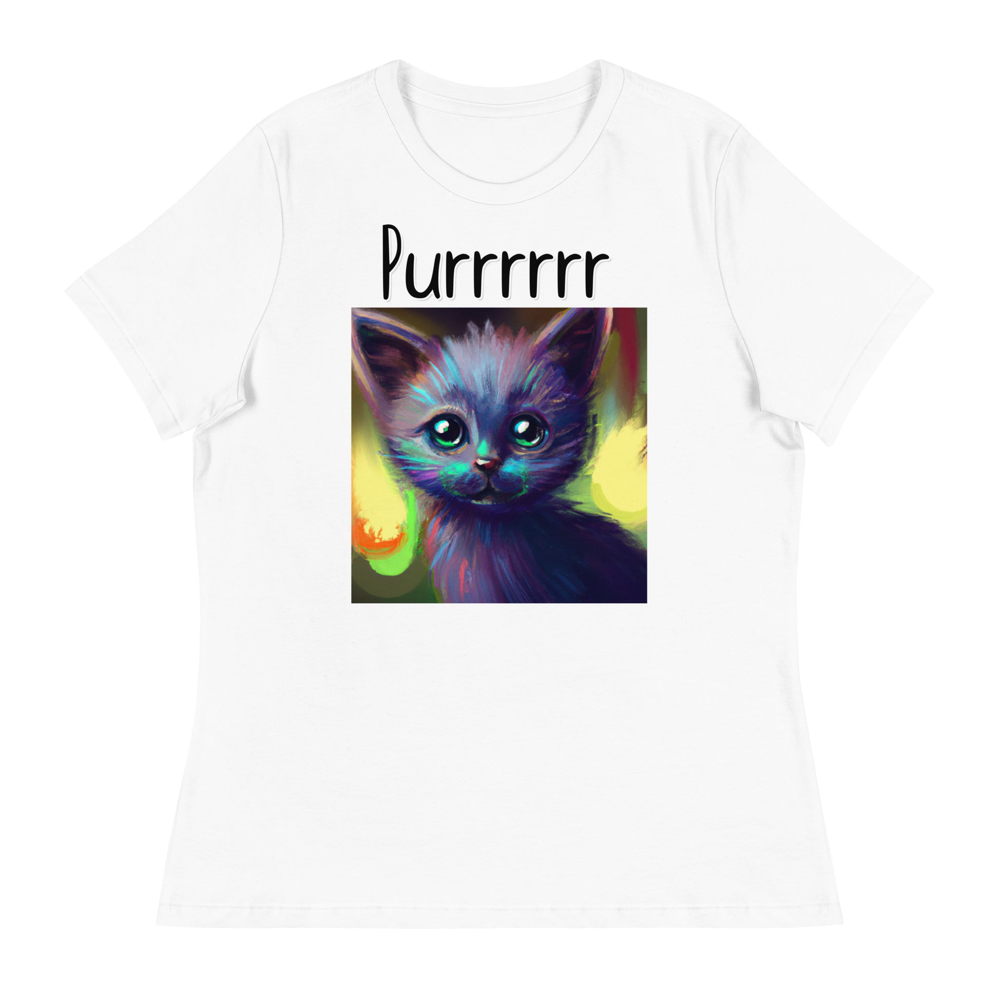 Women's White T-Shirt with Kitten Trippy Portrait with a text "Purrrrrr" at $25.97 found at Personalizedpetlovergifts