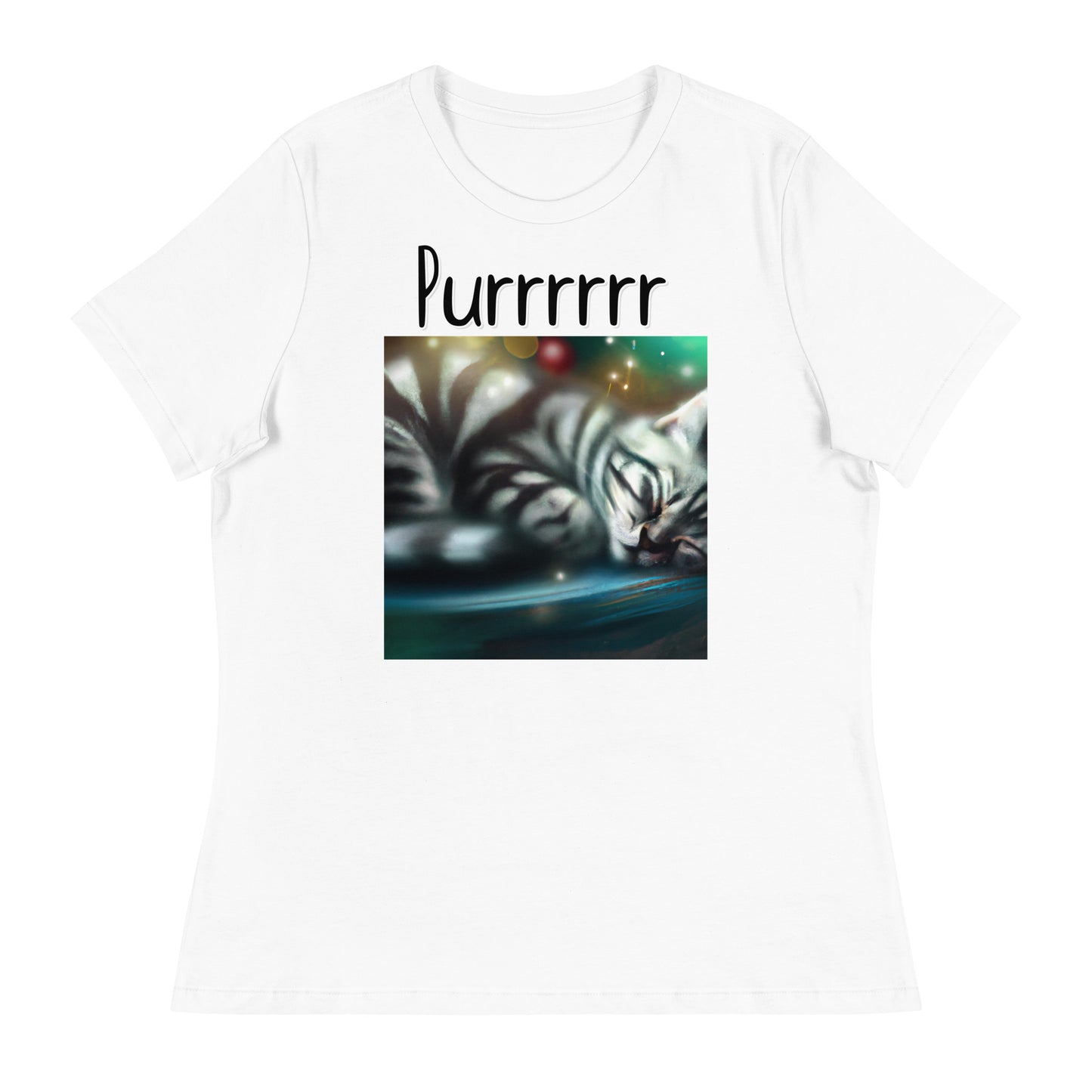 Women's White T-Shirt with Kitten Sleeping with a text "Purrrrrr" at $25.97 found at Personalizedpetlovergifts