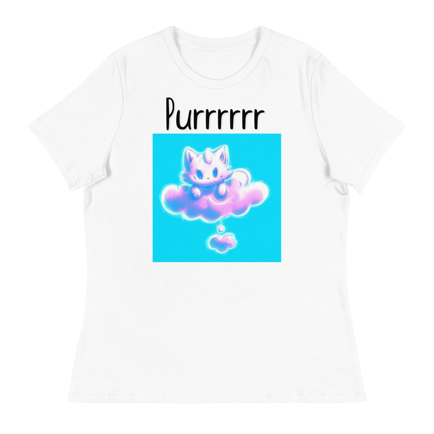 Women's White T-Shirt with Kitten Sitting On A Pink Cloud with a text "Purrrrrr" at $25.97 found at Personalizedpetlovergifts