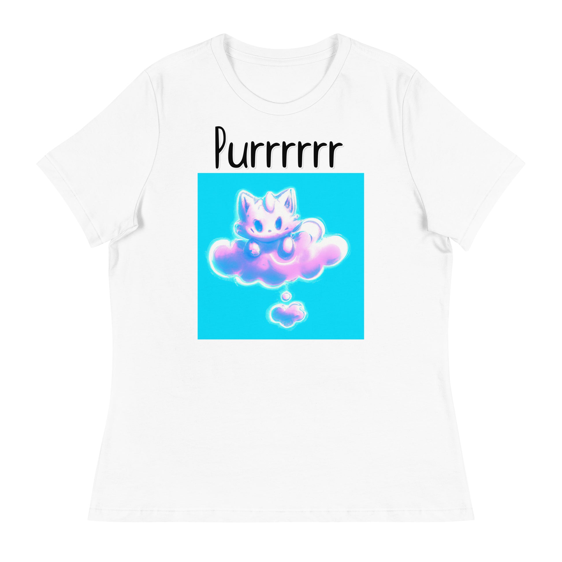 Women's White T-Shirt with Kitten Sitting On A Pink Cloud with a text "Purrrrrr" at $25.97 found at Personalizedpetlovergifts