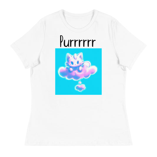 Women's White T-Shirt with Kitten Sitting On A Pink Cloud with a text "Purrrrrr" at $25.97 found at Personalizedpetlovergifts