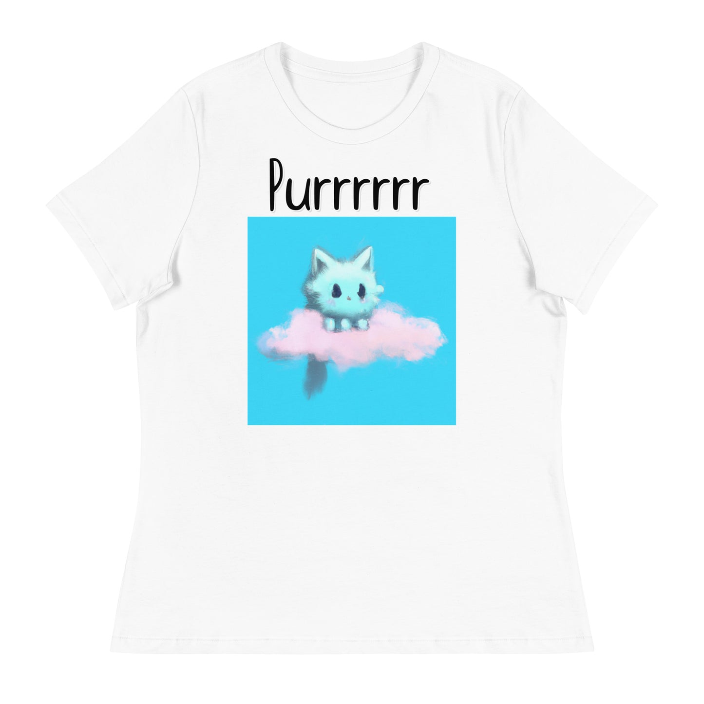 Women's White T-Shirt with Kitten Sitting On a Cloud with a text "Purrrrrr" at $25.97 found at Personalizedpetlovergifts