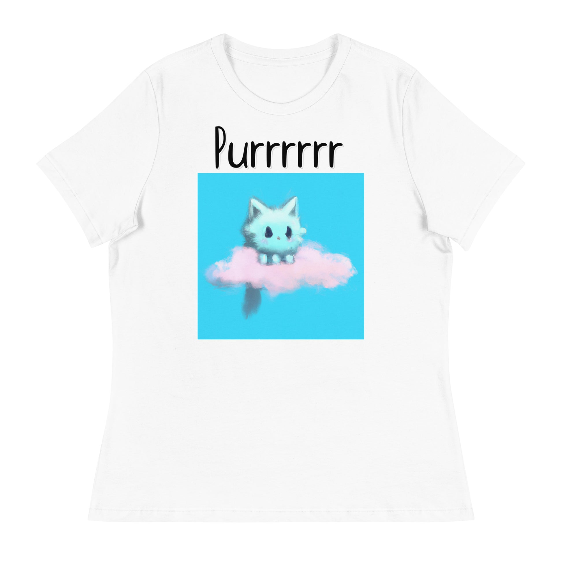 Women's White T-Shirt with Kitten Sitting On a Cloud with a text "Purrrrrr" at $25.97 found at Personalizedpetlovergifts