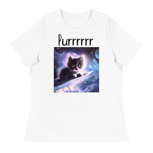 Women's White T-Shirt with Kitten Sitting In The Space with a text "Purrrrrr" at $25.97 found at Personalizedpetlovergifts