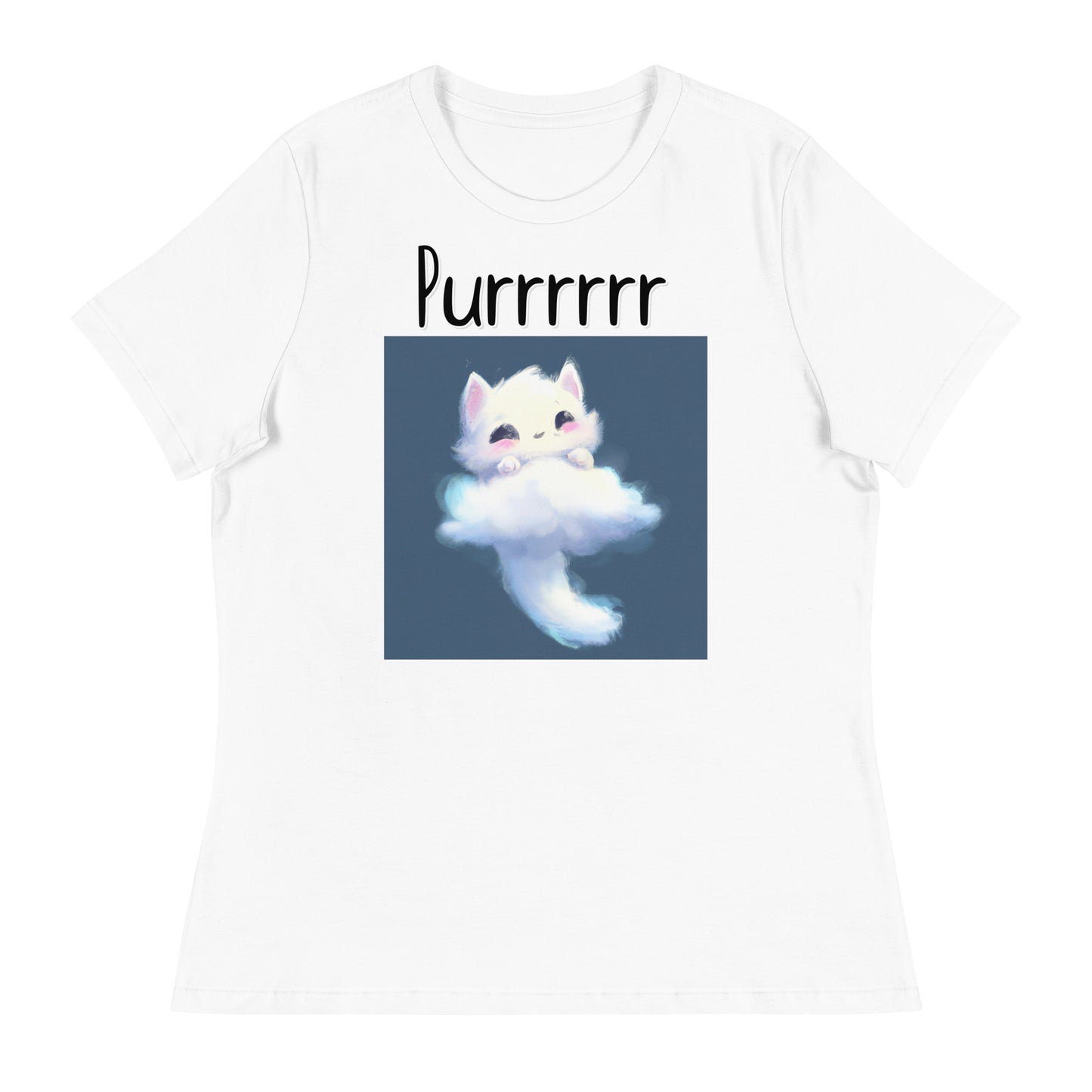 Women's White T-Shirt with Kitten Shaped Cloud with a text "Purrrrrr" at $25.97 found at Personalizedpetlovergifts