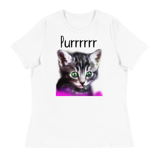 Women's White T-Shirt with Kitten Portrait With Green Eyes with a text "Purrrrrr" at $25.97 found at Personalizedpetlovergifts