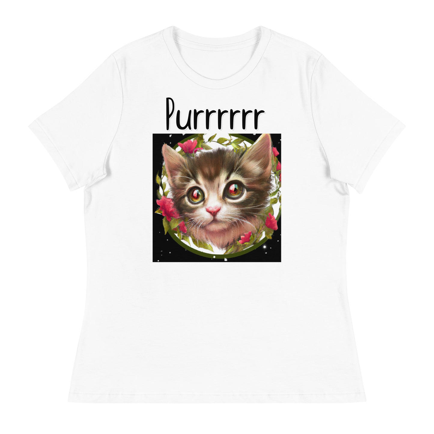 Women's White T-Shirt with Kitten Portrait With Flowers with a text "Purrrrrr" at $25.97 found at Personalizedpetlovergifts