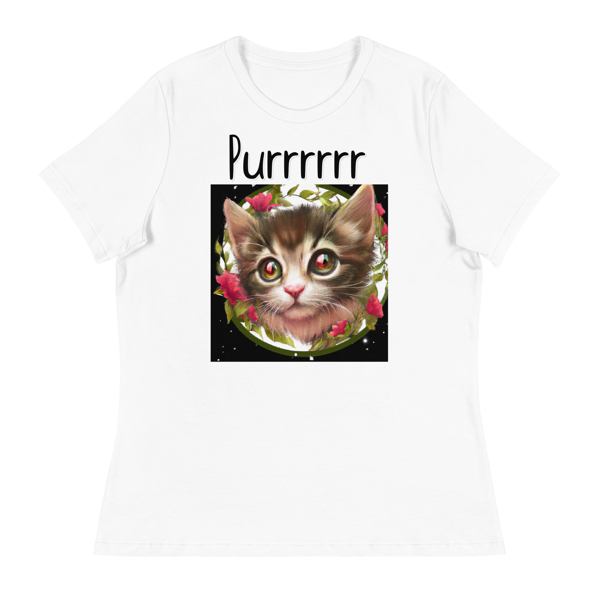 Women's White T-Shirt with Kitten Portrait With Flowers with a text "Purrrrrr" at $25.97 found at Personalizedpetlovergifts