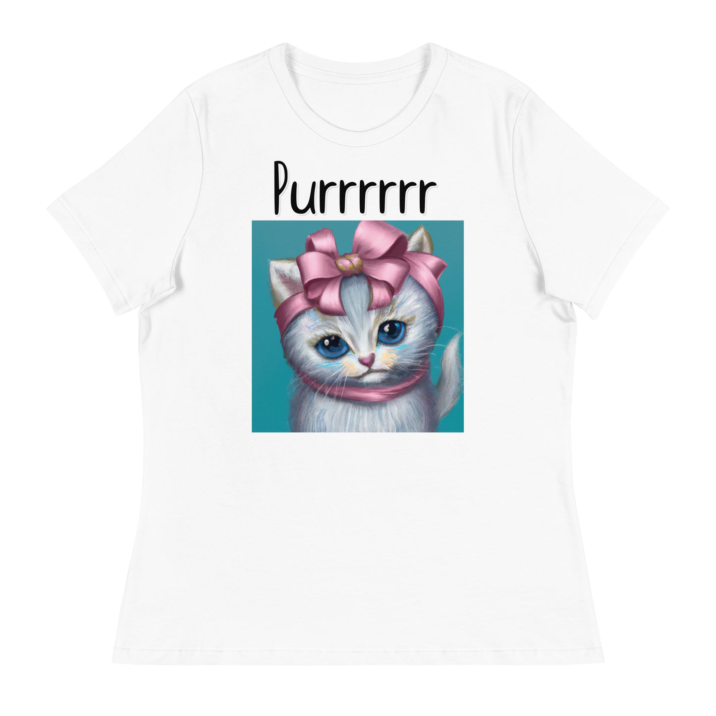 Women's White T-Shirt with Kitten Portrait With a Pink Bow with a text "Purrrrrr" at $25.97 found at Personalizedpetlovergifts