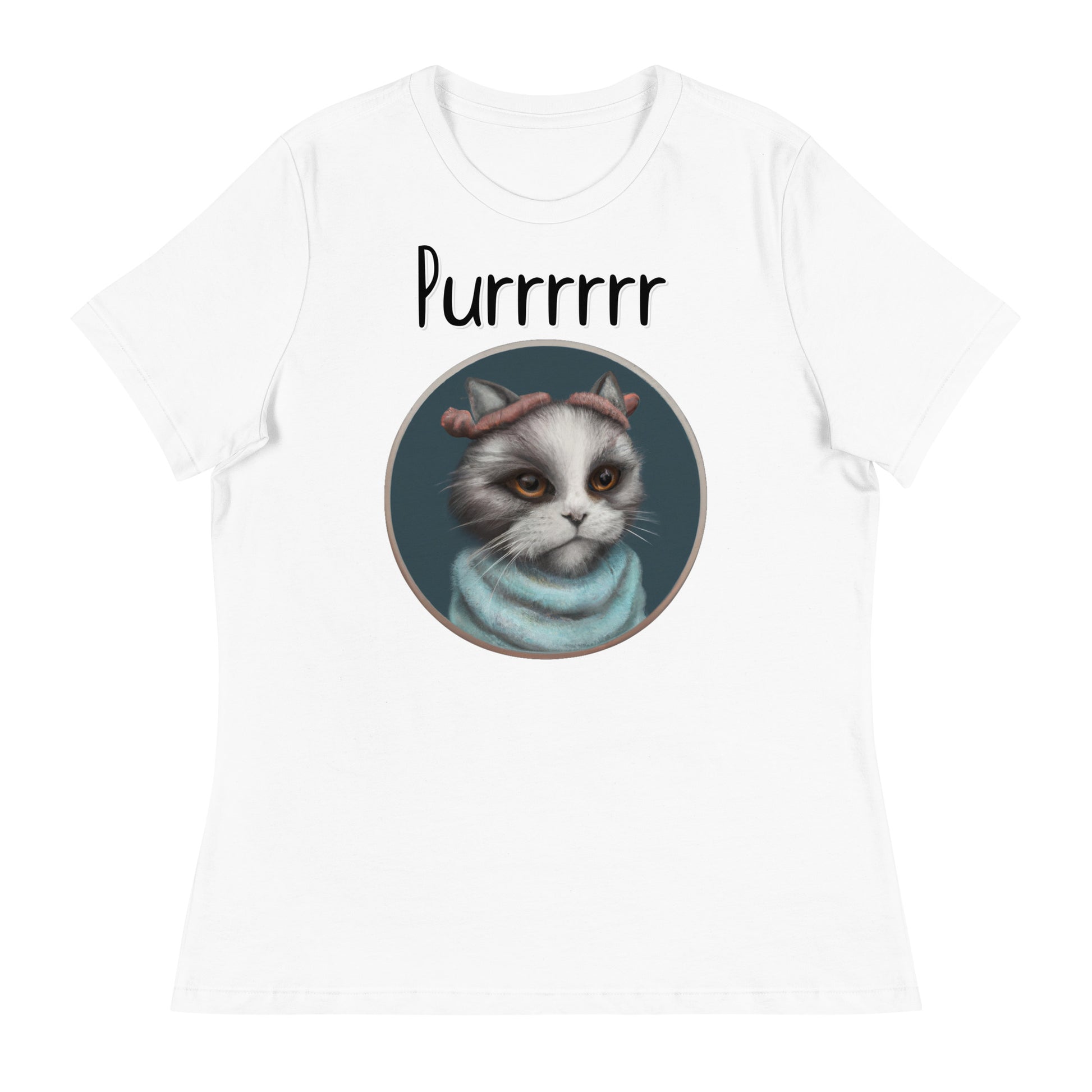 Women's White T-Shirt with Kitten Portrait With a Fluffy Headband with a text "Purrrrrr" at $25.97 found at Personalizedpetlovergifts