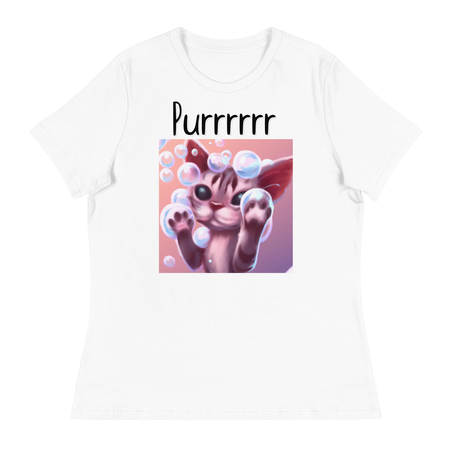 Women's White T-Shirt with Kitten Playing With Soap Bubbles with a text "Purrrrrr" at $25.97 found at Personalizedpetlovergifts