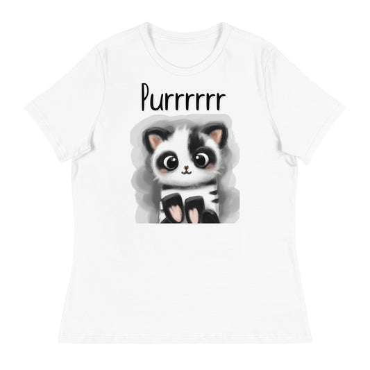 Women's White T-Shirt with Kitten Panda with a text "Purrrrrr" at $25.97 found at Personalizedpetlovergifts