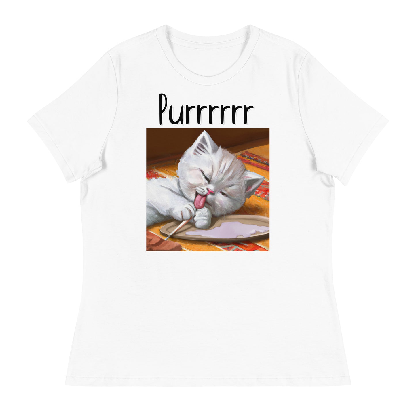 Women's White T-Shirt with Kitten Licking Its Paws with a text "Purrrrrr" at $25.97 found at Personalizedpetlovergifts