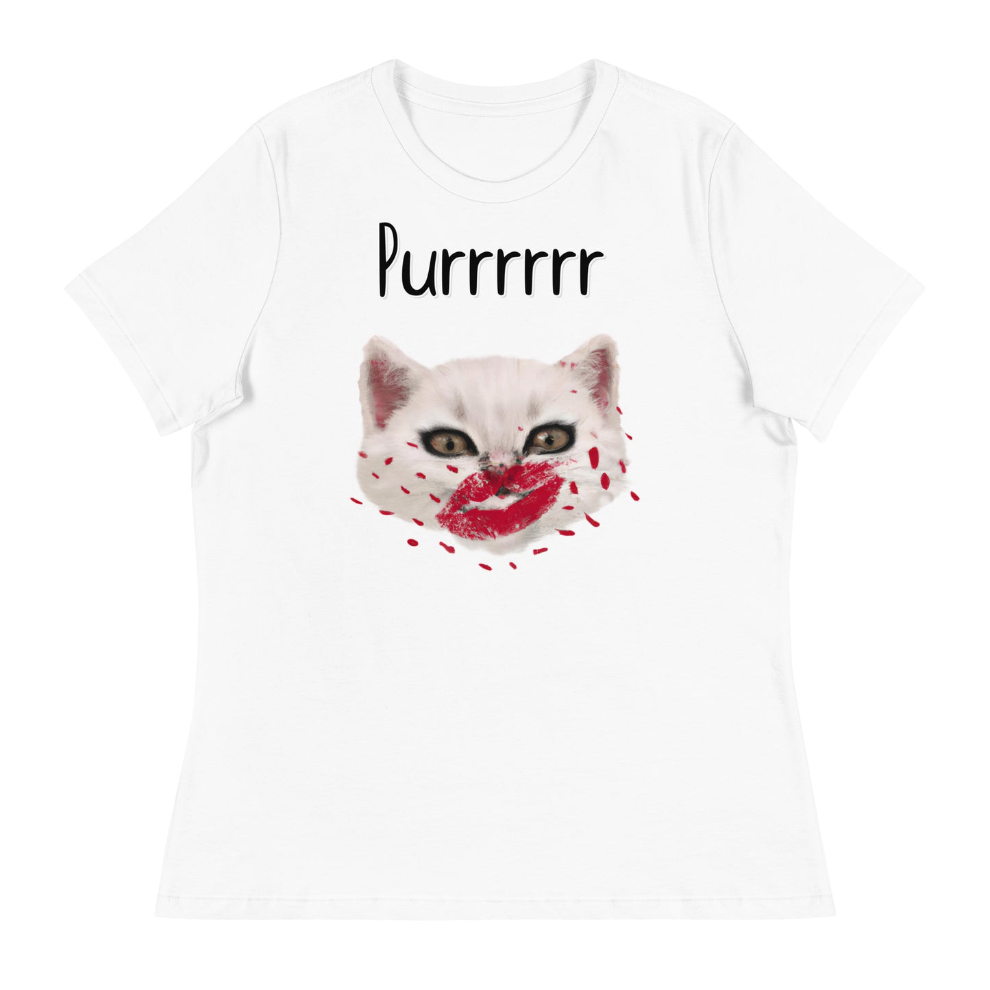 Women's White T-Shirt with Kitten Kisses with a text "Purrrrrr" at $25.97 found at Personalizedpetlovergifts