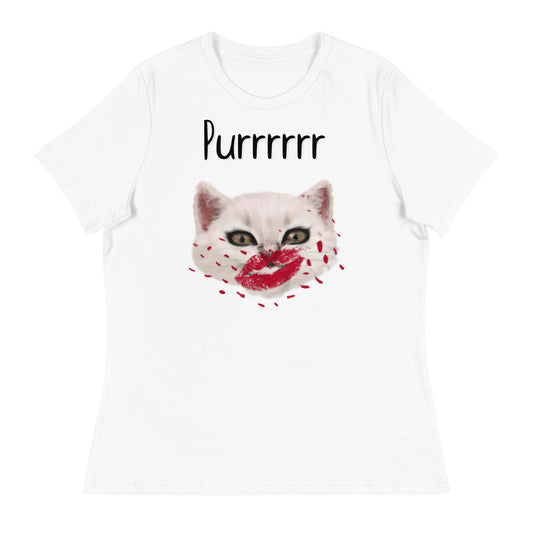 Women's White T-Shirt with Kitten Kisses with a text "Purrrrrr" at $25.97 found at Personalizedpetlovergifts