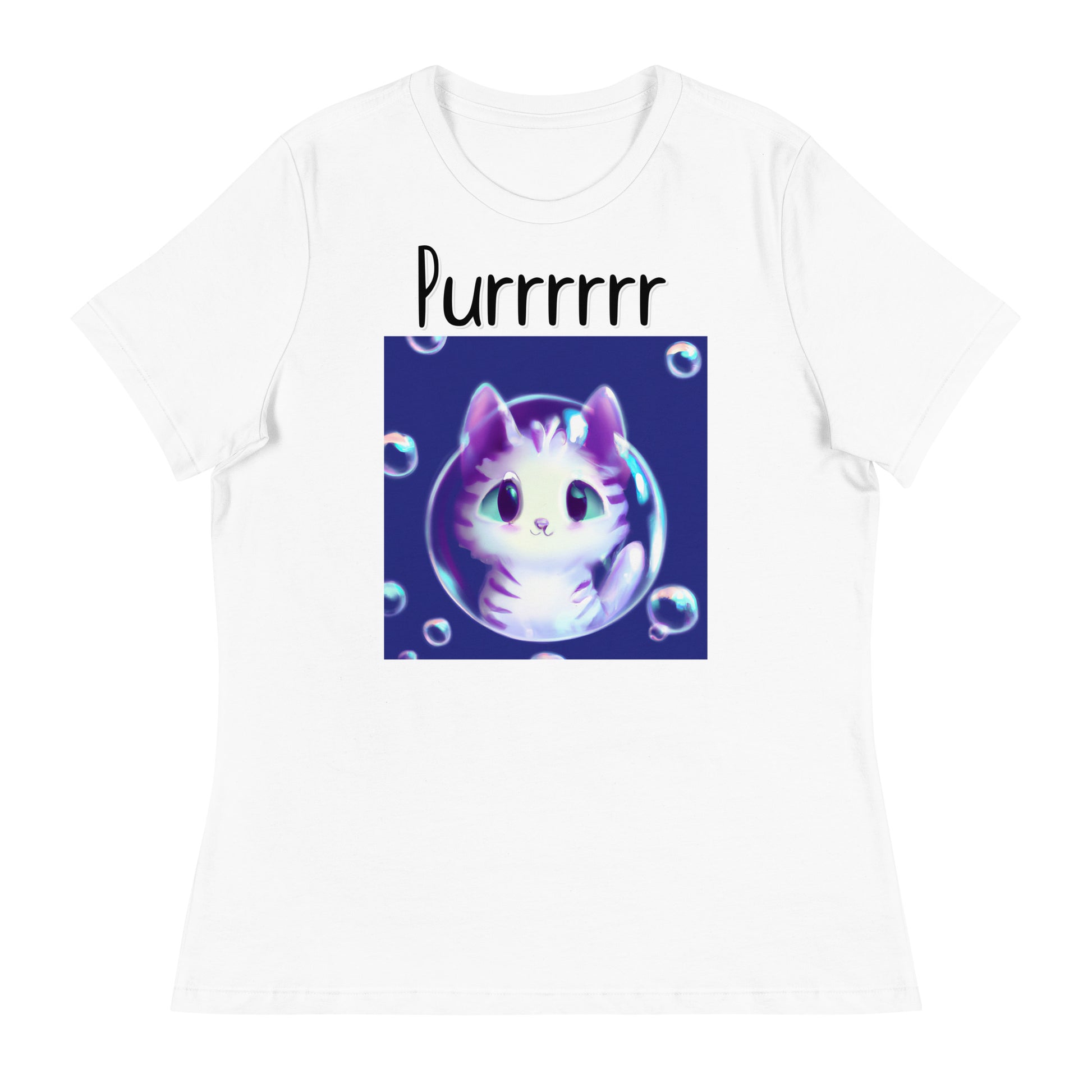 Women's White T-Shirt with Kitten Inside a Soap Bubble with a text "Purrrrrr" at $25.97 found at Personalizedpetlovergifts