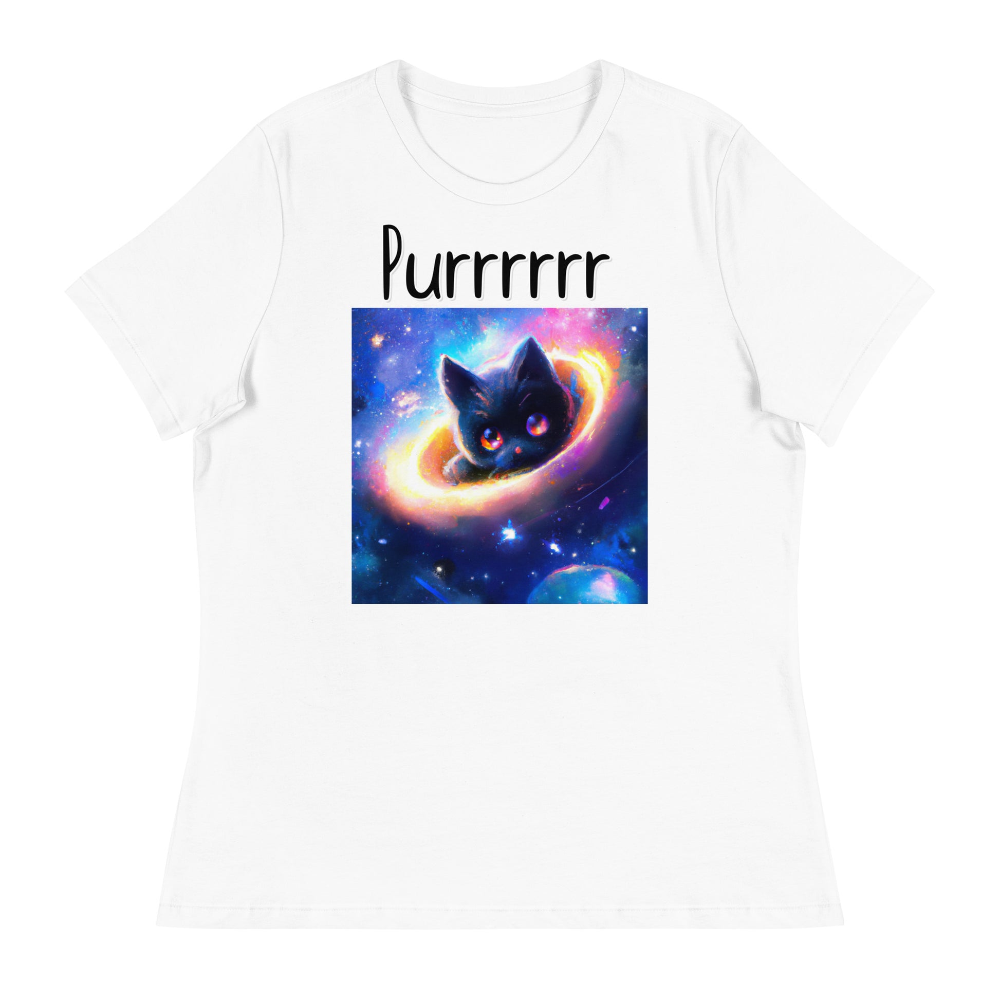 Women's White T-Shirt with Kitten Inside A Galaxy with a text "Purrrrrr" at $25.97 found at Personalizedpetlovergifts