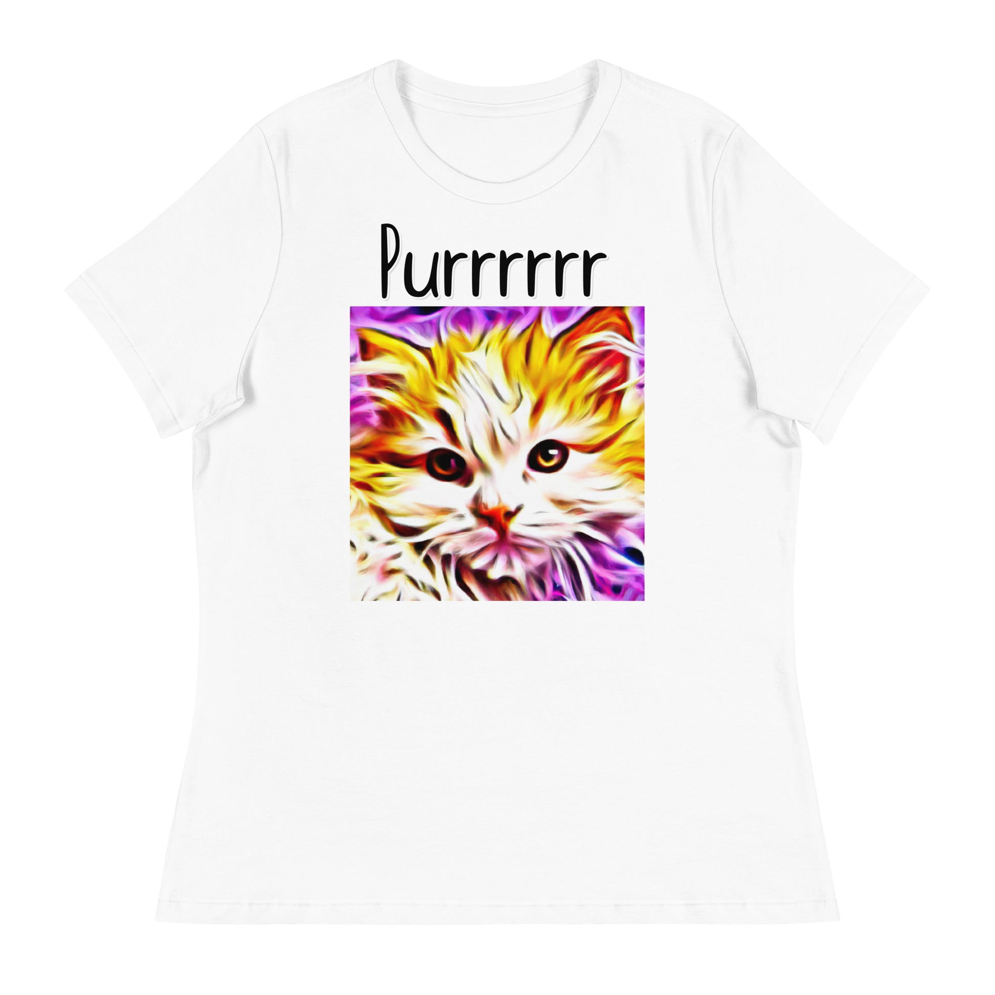 Women's White T-Shirt with Kitten In Trippy Colors with a text "Purrrrrr" at $25.97 found at Personalizedpetlovergifts