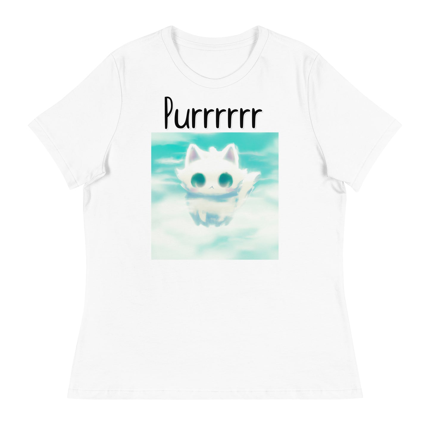 Women's White T-Shirt with Kitten In The Clouds with a text "Purrrrrr" at $25.97 found at Personalizedpetlovergifts