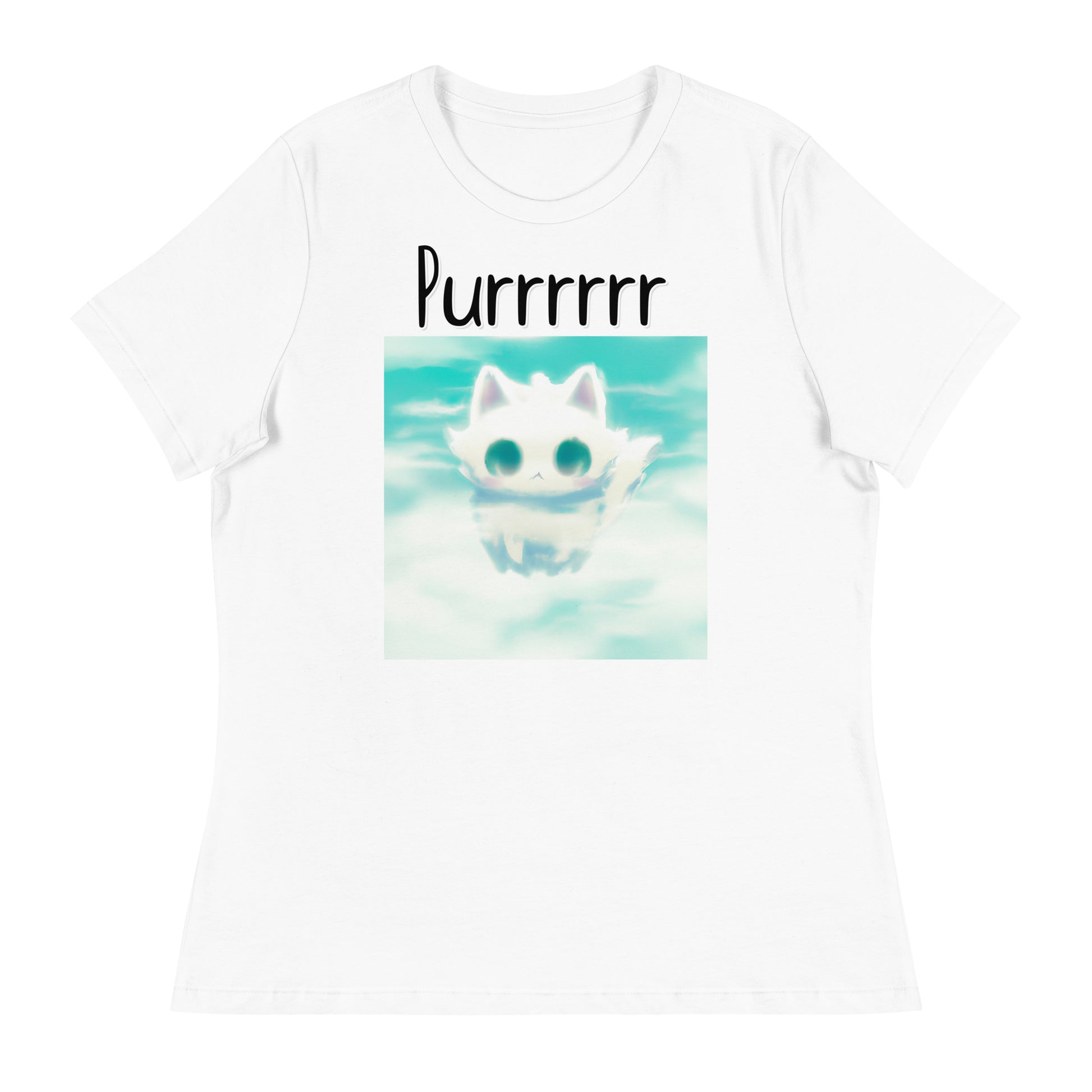 Women's White T-Shirt with Kitten In The Clouds with a text "Purrrrrr" at $25.97 found at Personalizedpetlovergifts