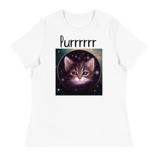 Women's White T-Shirt with Kitten In Space Circle with a text "Purrrrrr" at $25.97 found at Personalizedpetlovergifts