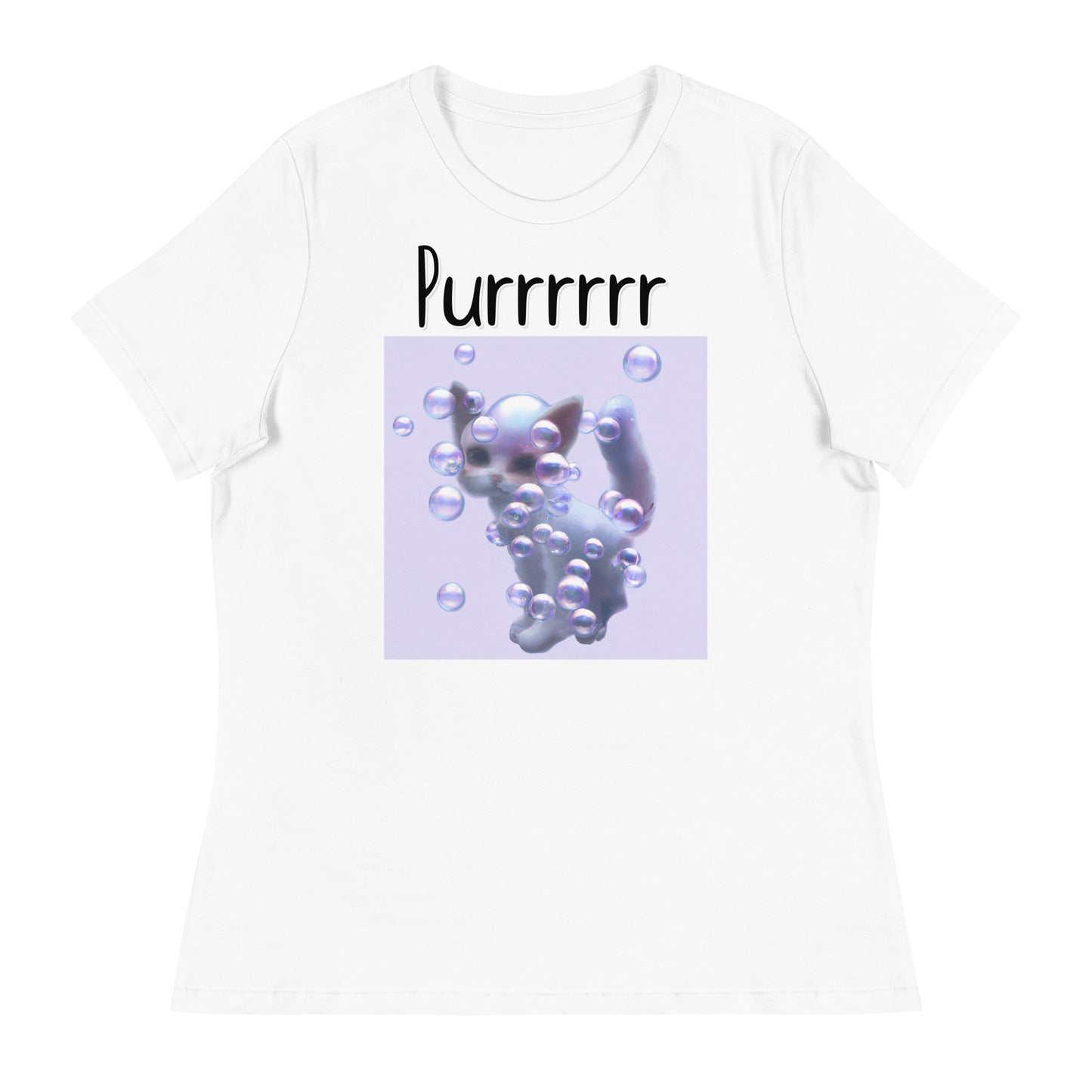 Women's White T-Shirt with Kitten In Soap Bubbles with a text "Purrrrrr" at $25.97 found at Personalizedpetlovergifts