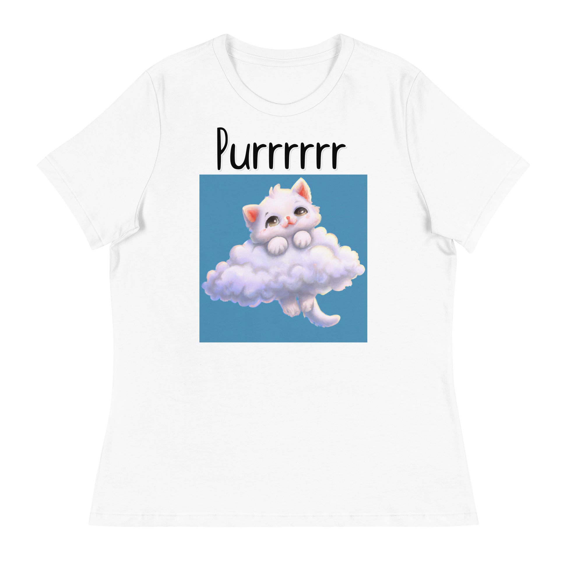 Women's White T-Shirt with KItten In Clouds with a text "Purrrrrr" at $25.97 found at Personalizedpetlovergifts