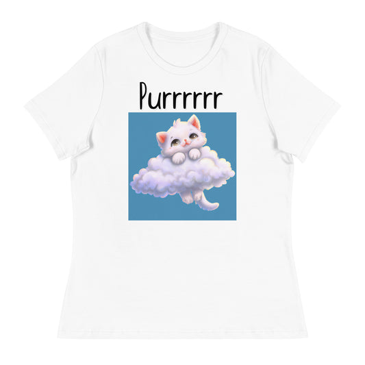 Women's White T-Shirt with KItten In Clouds with a text "Purrrrrr" at $25.97 found at Personalizedpetlovergifts