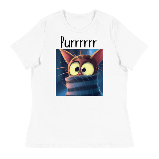 Women's White T-Shirt with Kitten In A Turtleneck with a text "Purrrrrr" at $25.97 found at Personalizedpetlovergifts