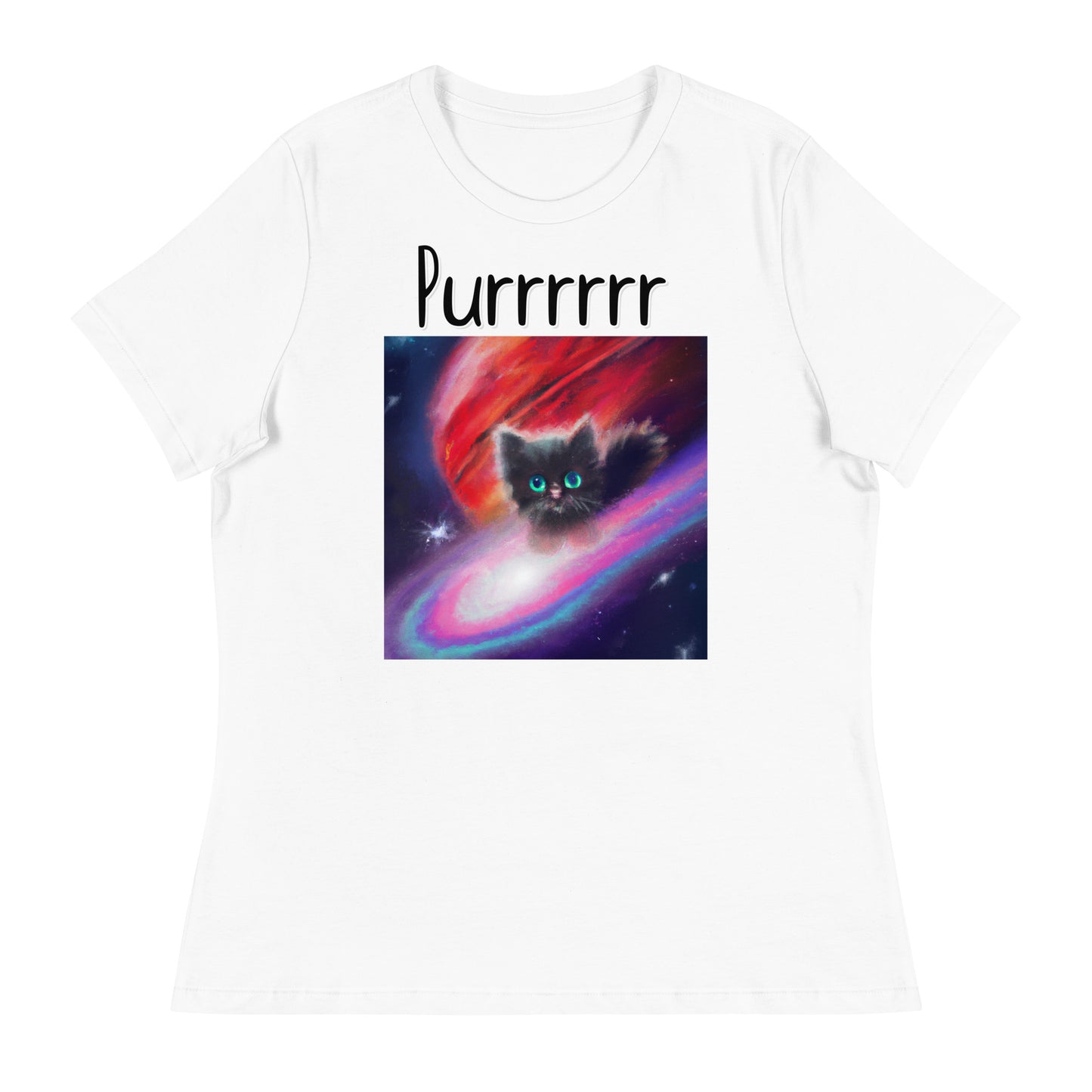 Women's White T-Shirt with Kitten In a Galaxy with a text "Purrrrrr" at $25.97 found at Personalizedpetlovergifts